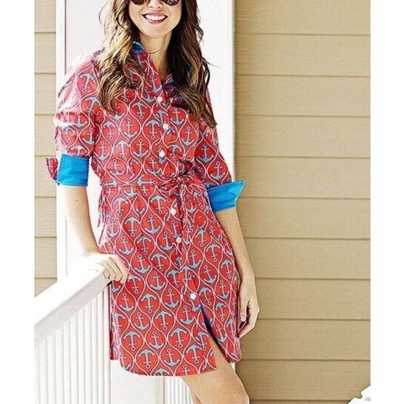 Haley and the Hound Womens 8 Coral Anchor Madeline Button Front Shirt Dress Belt - Picture 2 of 7